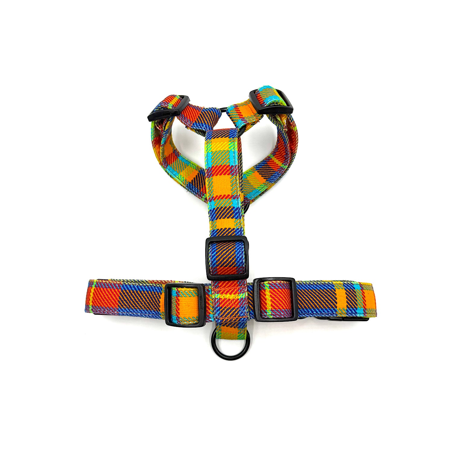 Colorful plaid dog harness on a white background HANDMADE IN UK BY BARKLEY AND FETCH