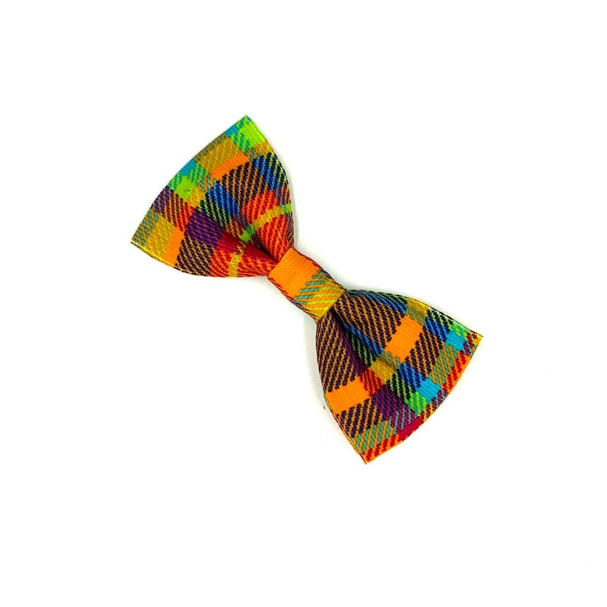 Colorful plaid bow tie on a white background handmade by Barkley and Fetch UK