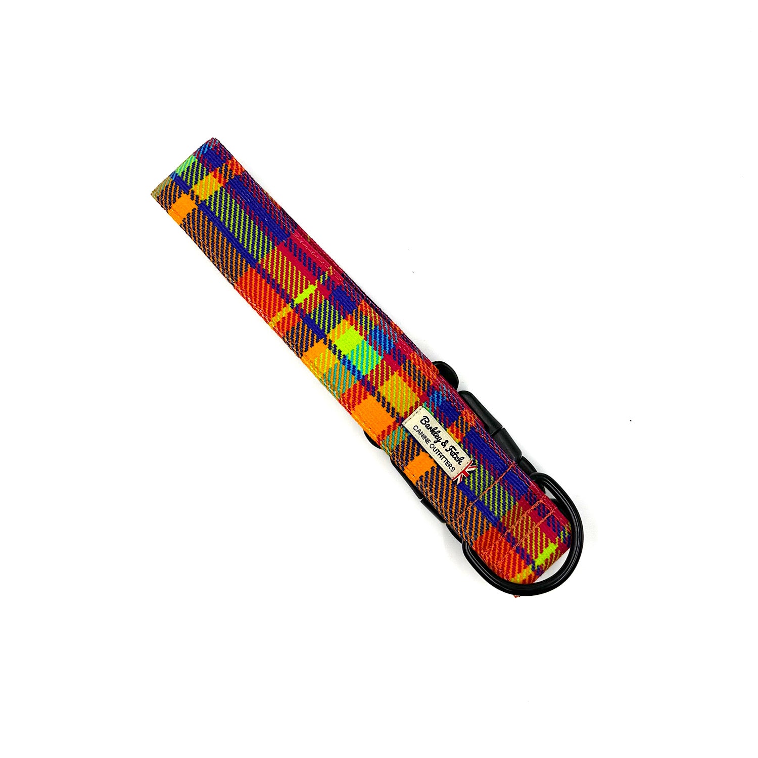 Multicolored plaid belt with a brand label on a white background handmade by Barkley and Fetch UK
