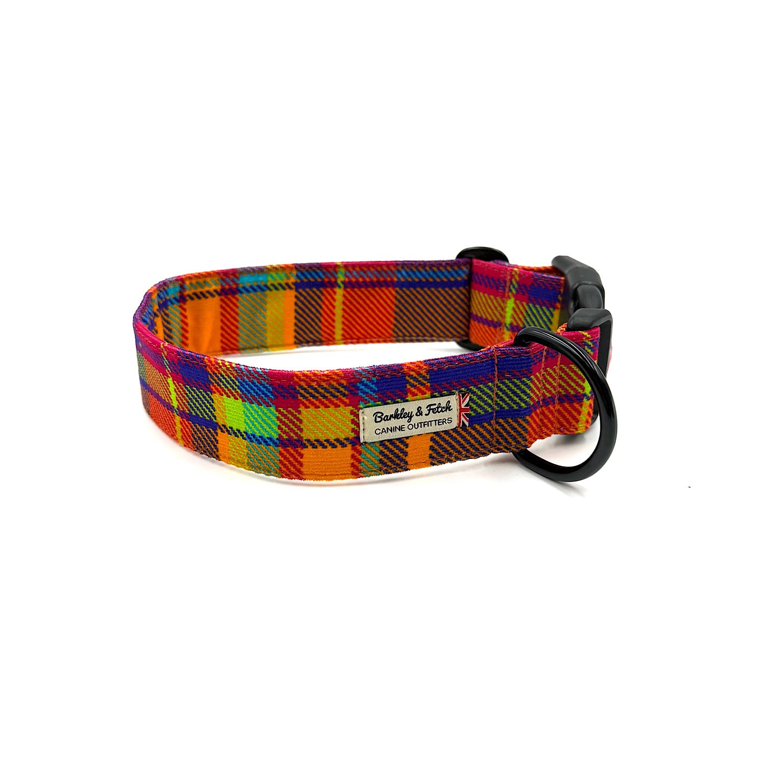 Colorful plaid dog collar on a white background handmade by Barkley and Fetch UK