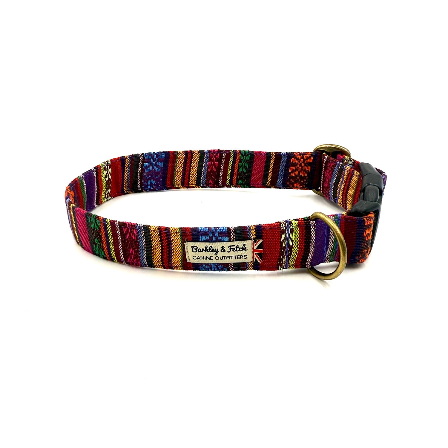 Colorful striped dog collar with a gold buckle on a white background