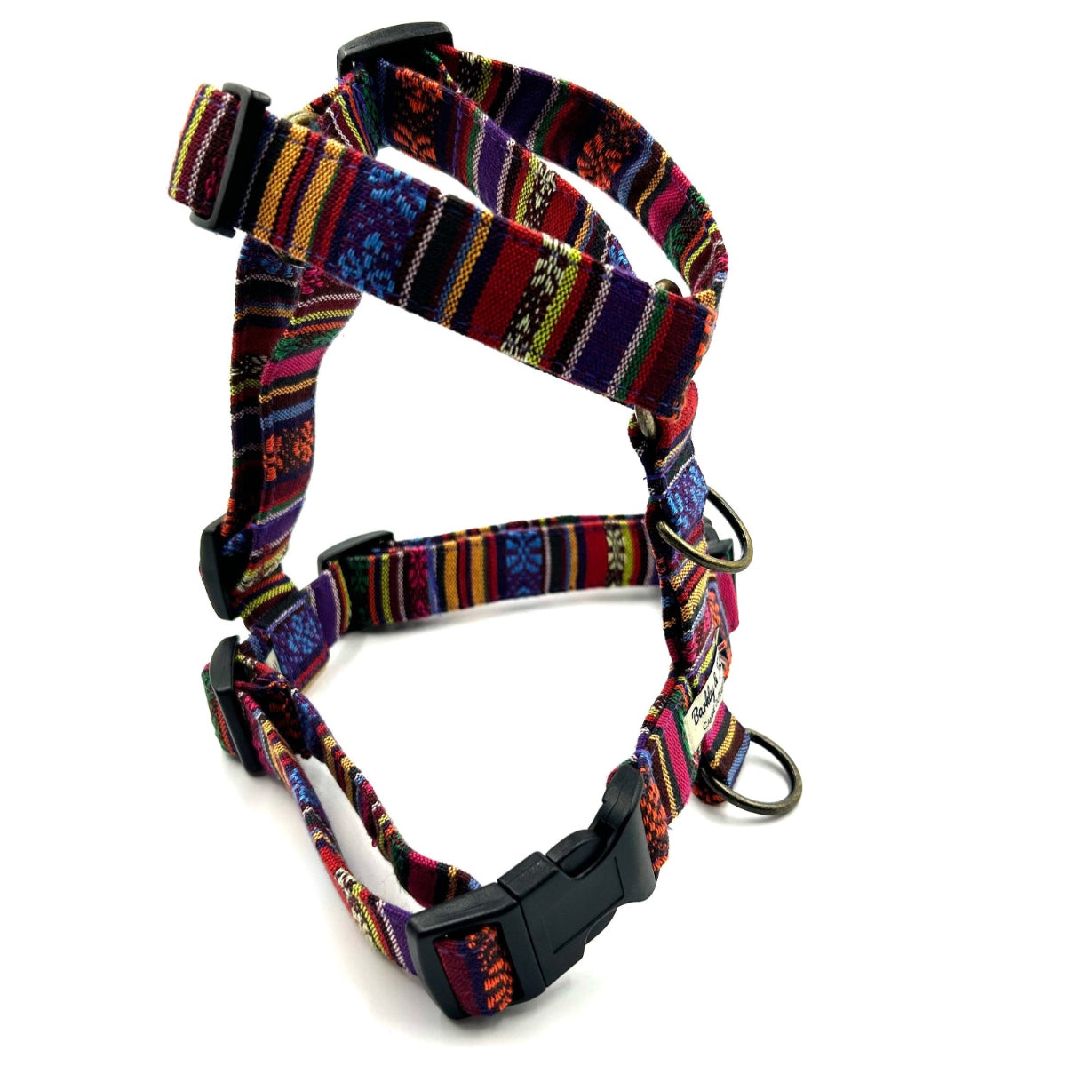 Colorful dog harness and leash set on a white background handmade by Barkley and Fetch UK