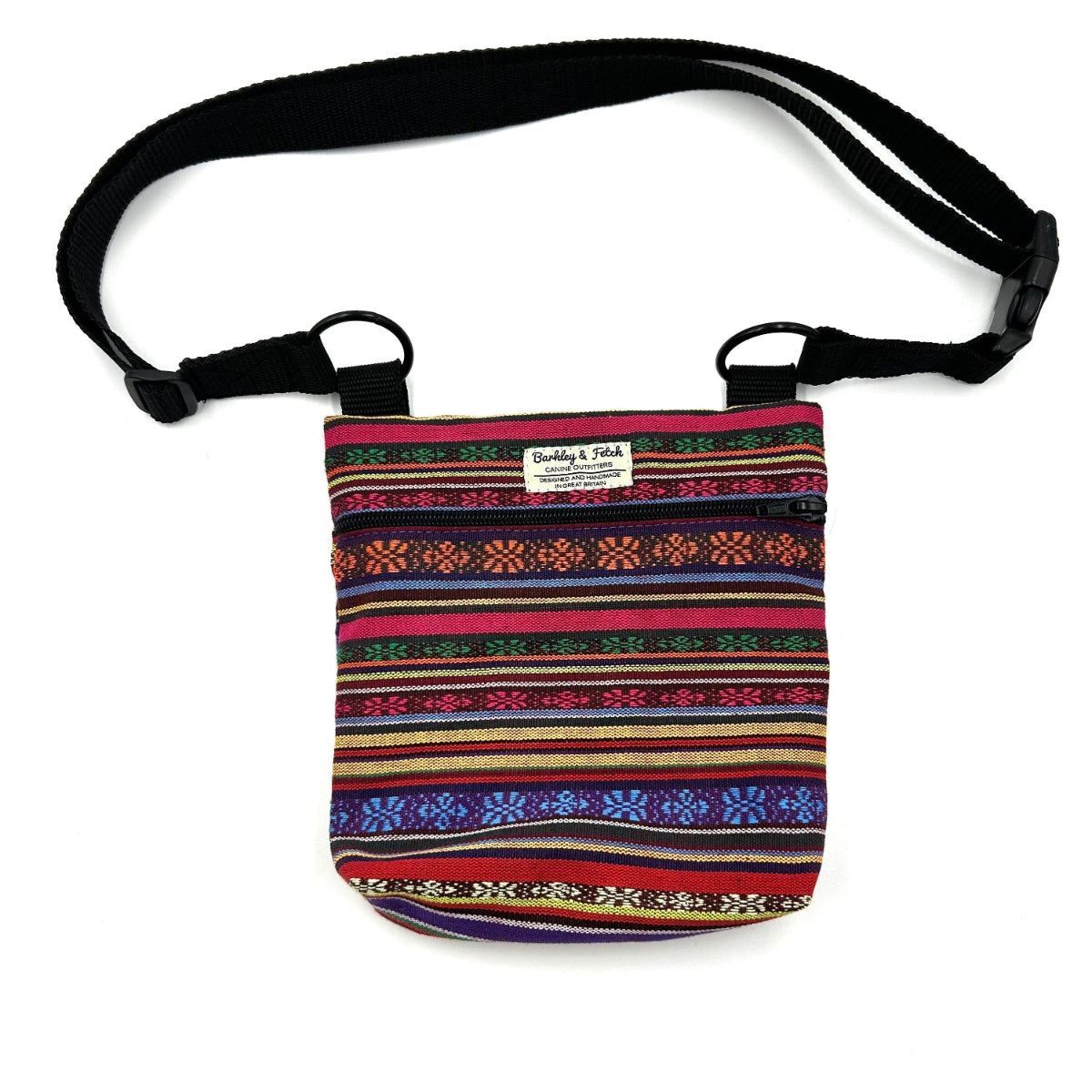 Multicolored patterned pouch with a black strap on a white background handmade by Barkley and Fetch UK