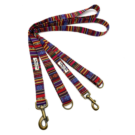 Colorful striped dog leash with brass hooks on a white background