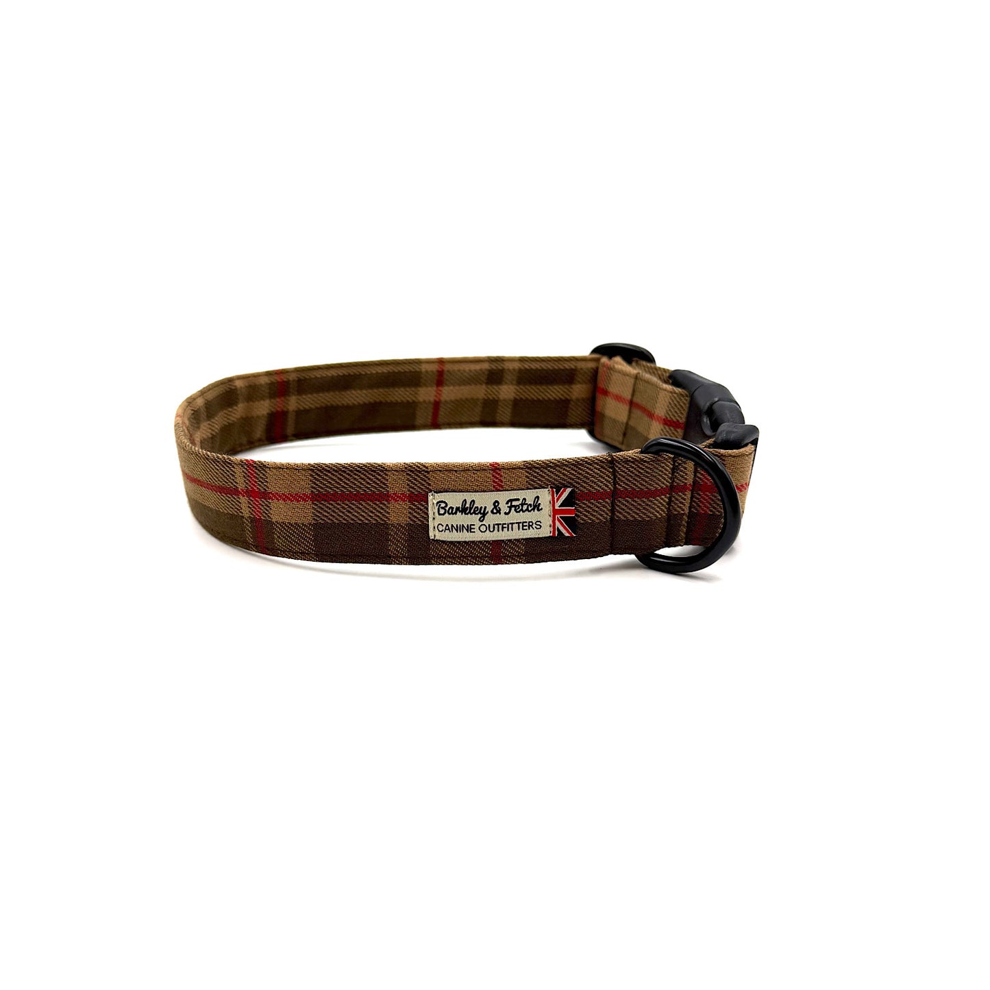 Plaid dog collar with a visible brand logo on a white background HANDMADE IN UK BY BARKLEY AND FETCH