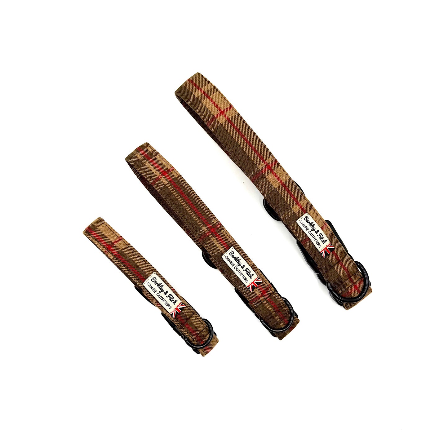 Three plaid dog collars of different sizes on a white background HANDMADE IN UK BY BARKLEY AND FETCH