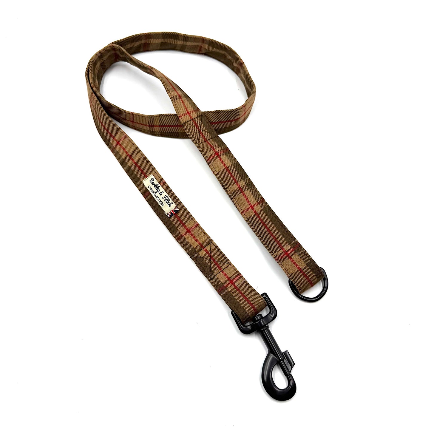 Plaid patterned dog leash with a clip on a white background HANDMADE IN UK BY BARKLEY AND FETCH