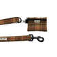 Brown plaid dog leash and matching pouch with visible brand logo on a white background handmade by barkley and Fetch