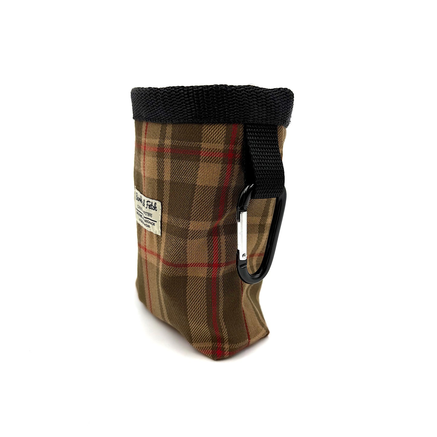 Plaid-patterned pouch with a black strap and carabiner on a white background handmade uk