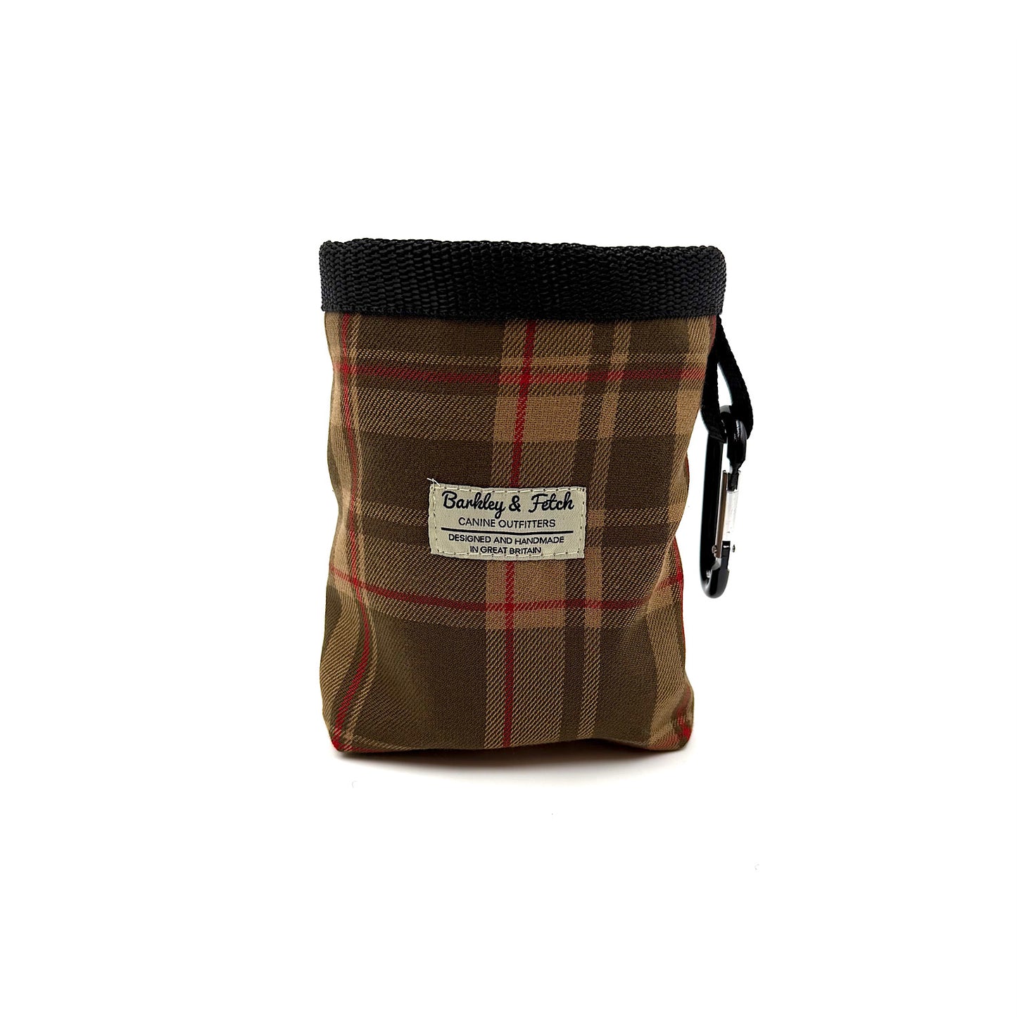Plaid fabric pouch with black top and visible brand label on a white background handmade by barkley and fetch Great Britain