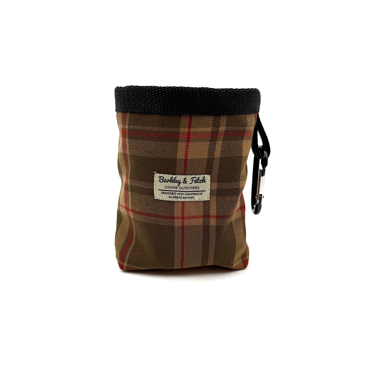 Plaid fabric pouch with black top and visible brand label on a white background handmade by barkley and fetch Great Britain