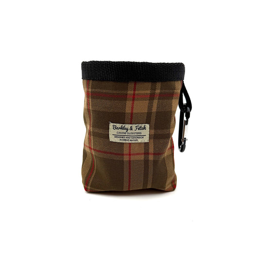 Plaid fabric pouch with black top and visible brand label on a white background handmade by barkley and fetch Great Britain