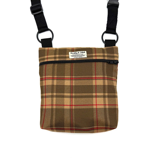 Plaid bag with black straps on a white background HANDMADE IN UK BY BARKLEY AND FETCH