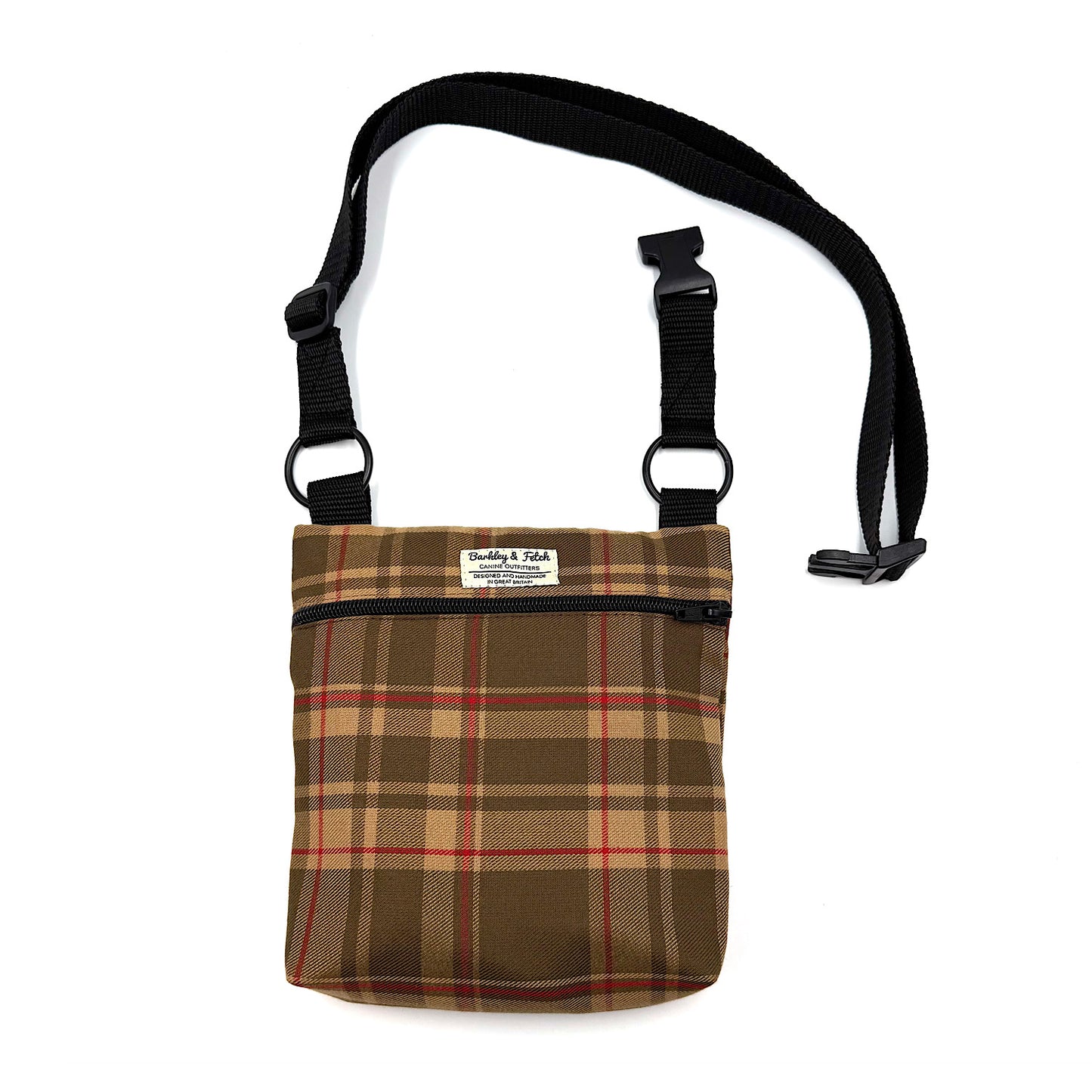 Plaid bag with a black strap on a white background HANDMADE IN UK BY BARKLEY AND FETCH