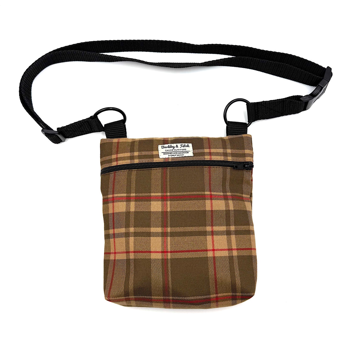 Plaid pouch with a black strap on a white background HANDMADE IN UK BY BARKLEY AND FETCH