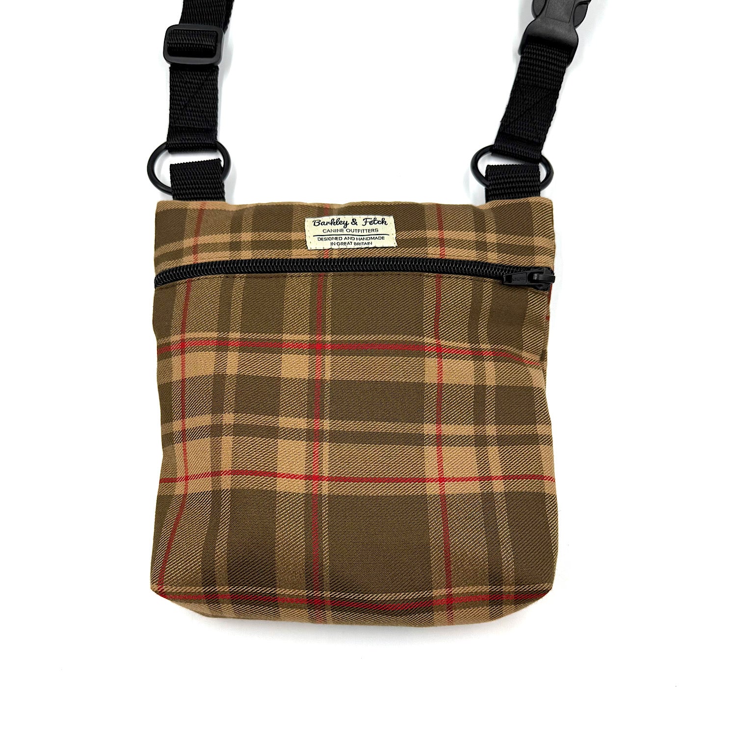 Plaid bag with black straps on a white background HANDMADE IN UK BY BARKLEY AND FETCH