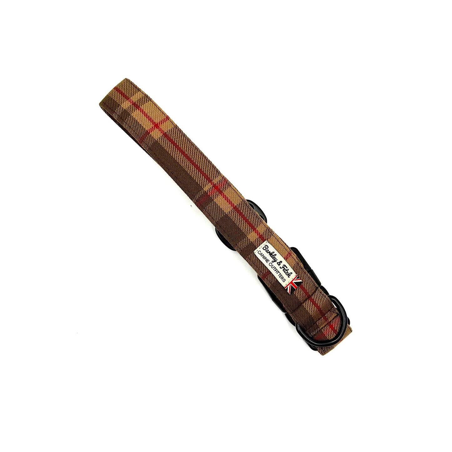 Plaid dog collar with a visible brand label on a white background HANDMADE IN UK BY BARKLEY AND FETCH