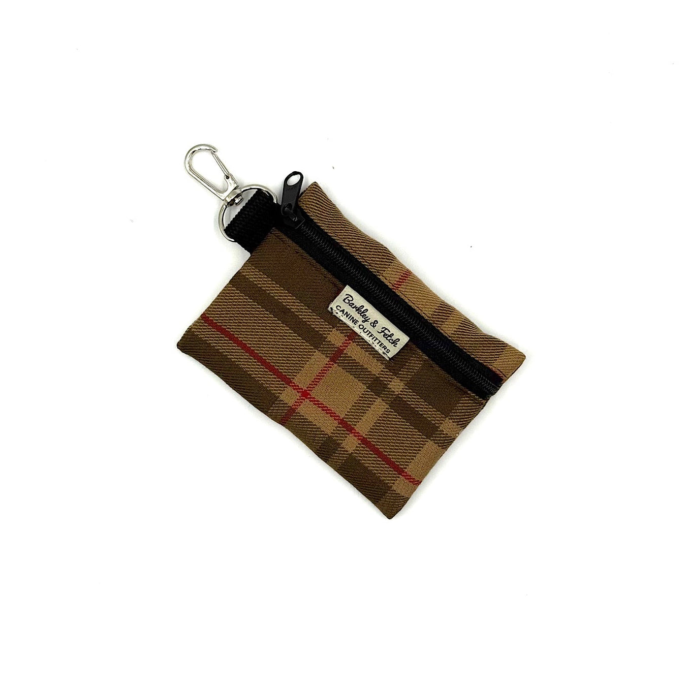 Plaid pouch with keychain attachment on a white background handmade by Barkley and fetch UK