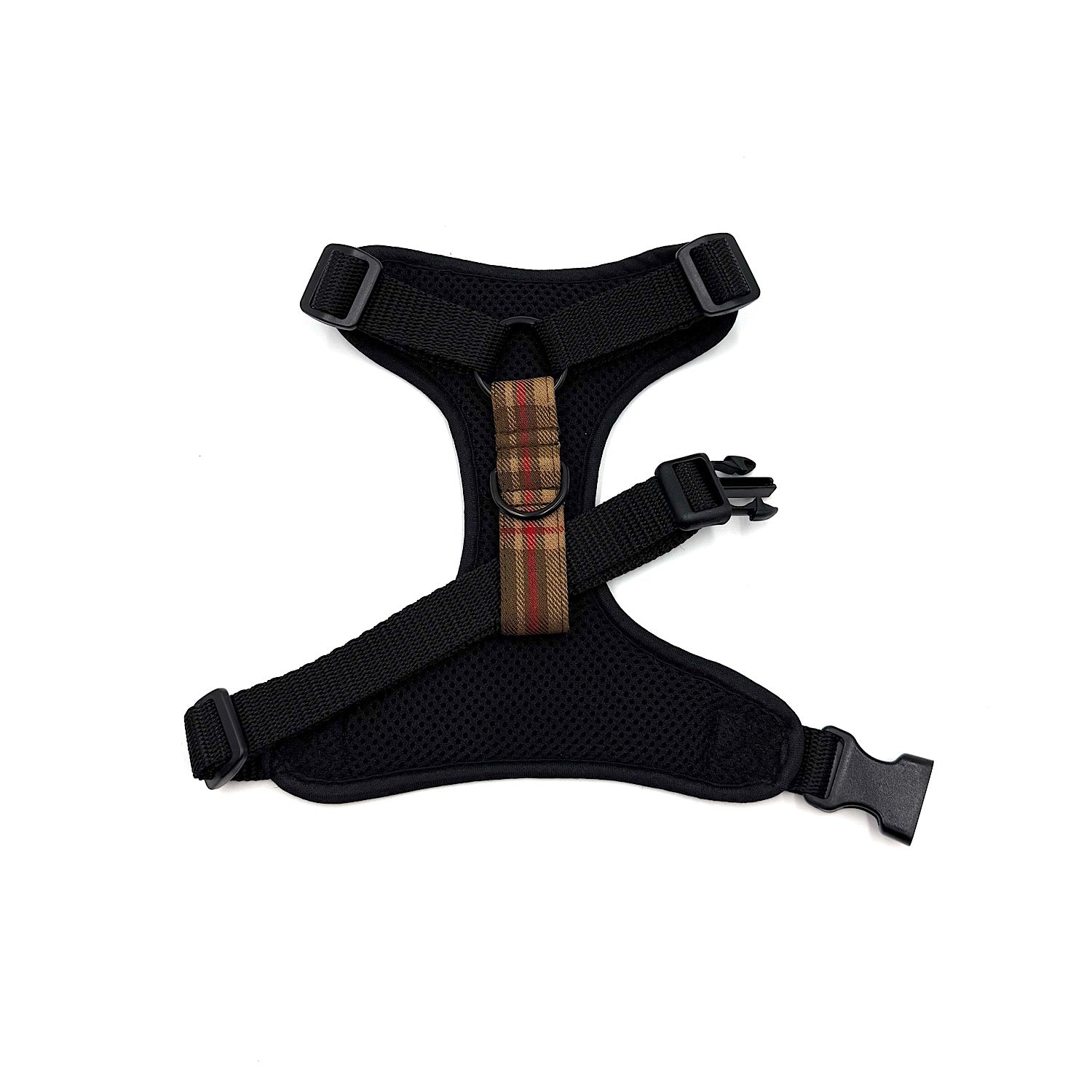 Black dog harness with plaid pattern on a white background HANDMADE IN UK BY BARKLEY AND FETCH