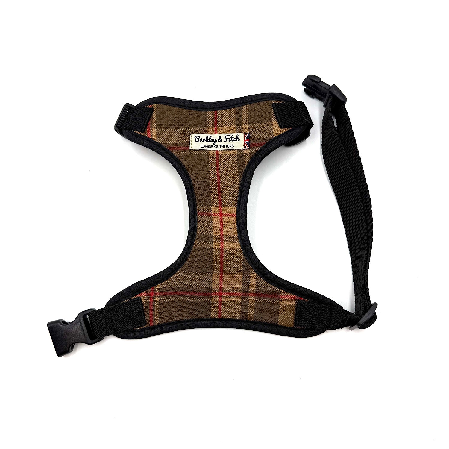 Plaid dog harness with black straps on a white background HANDMADE IN UK BY BARKLEY AND FETCH