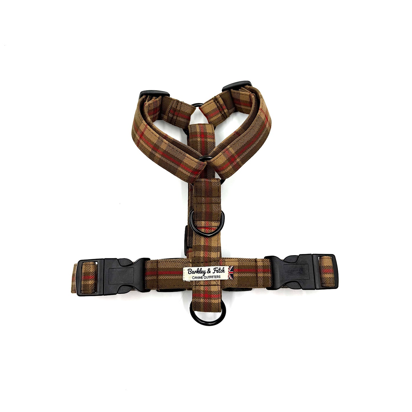 Plaid dog harness with black buckle on a white background HANDMADE IN UK BY BARKLEY AND FETCH