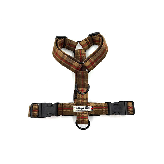 Plaid dog harness with black buckle on a white background HANDMADE IN UK BY BARKLEY AND FETCH