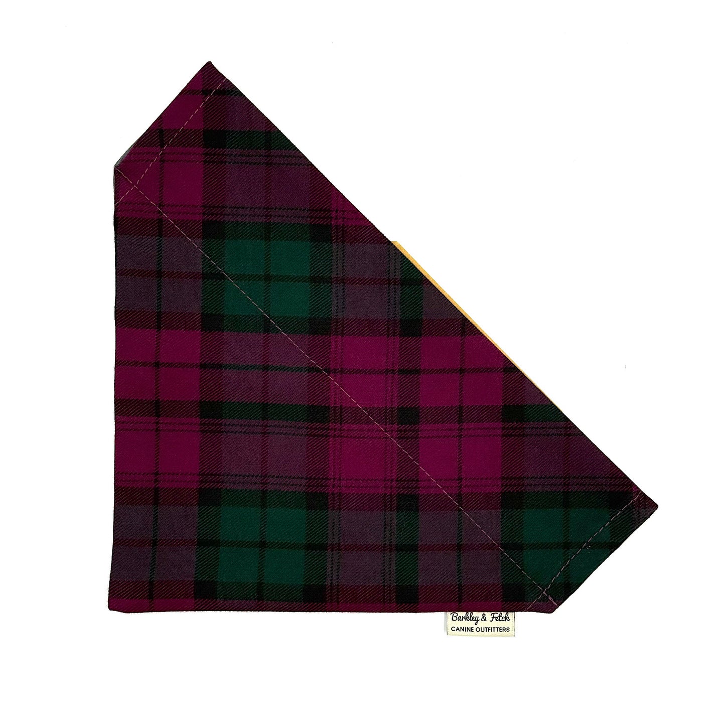Plaid fabric with a purple and green pattern on a white background