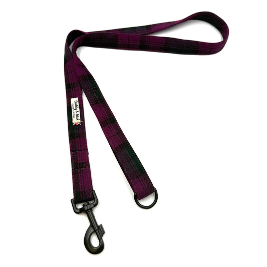 Plaid dog leash with black clip on a white background