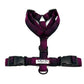 A purple and black tartan pattern dog harness with adjustable straps and side release buckles. handmade in the UK by Barkley and Fetch