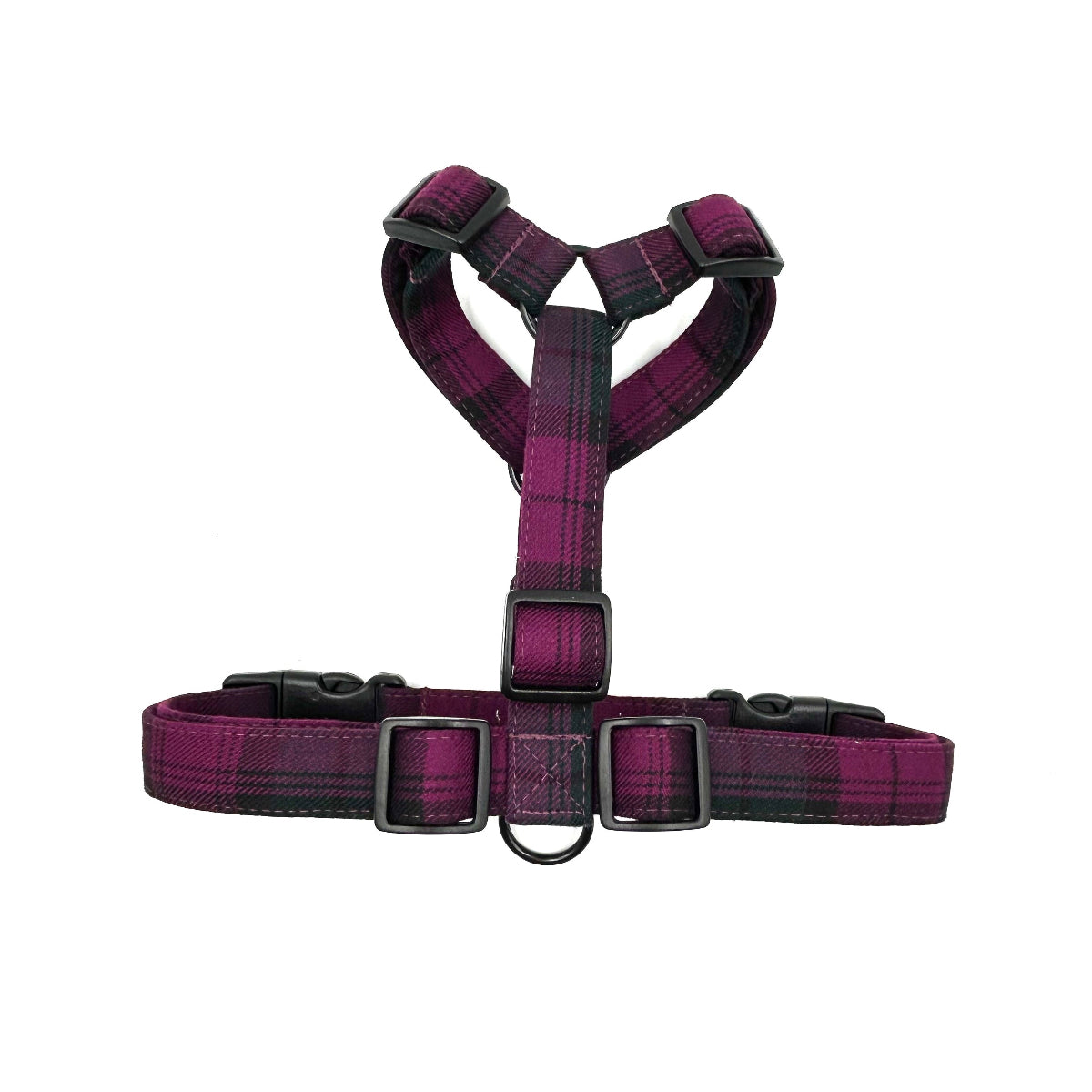 Purple tartan dog harness on a white background handmade in the UK by Barkley and Fetch