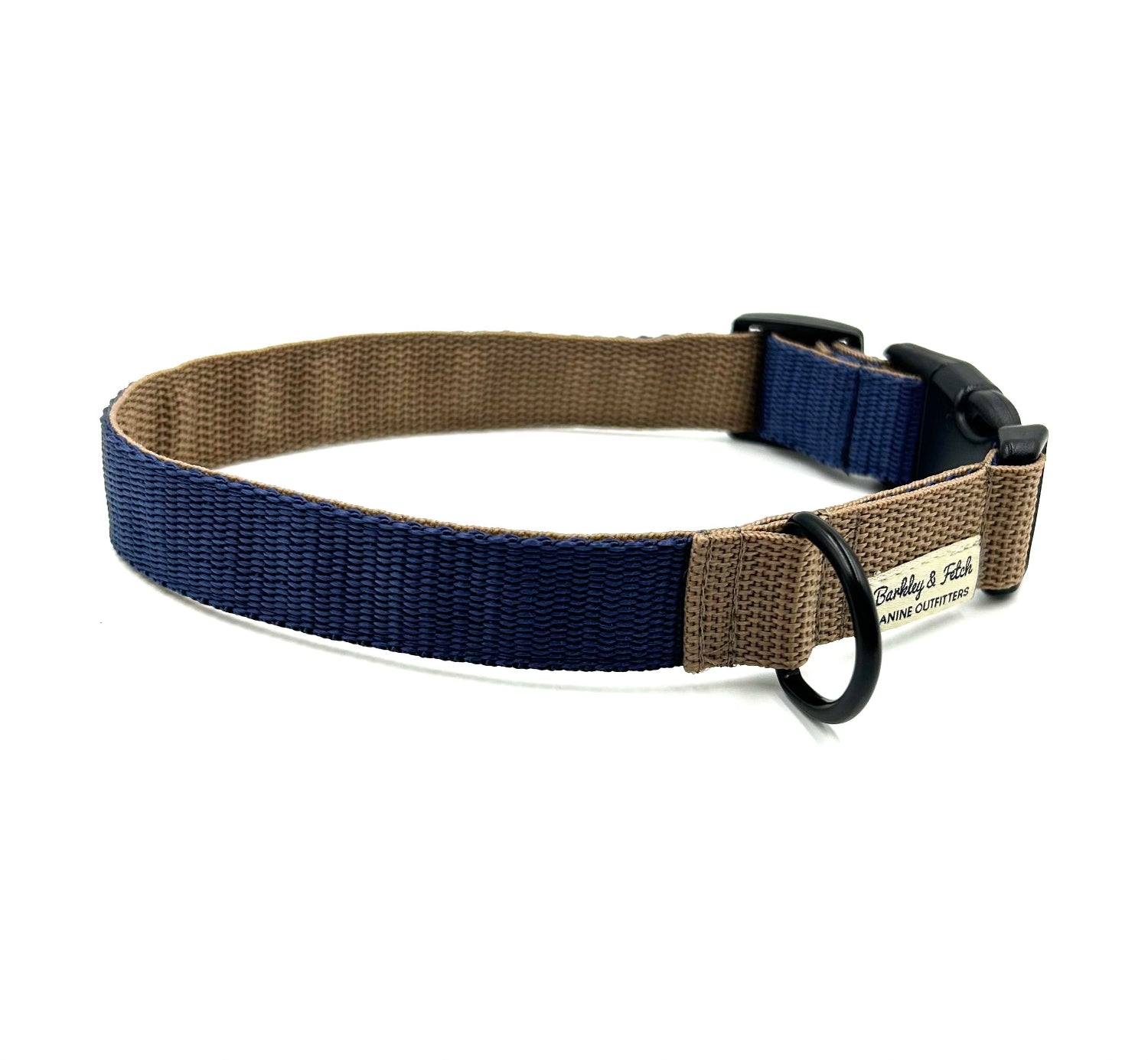 handmade navy and beige colour block dog collar on a white background