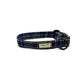 Navy plaid dog collar with a visible brand label on a white background