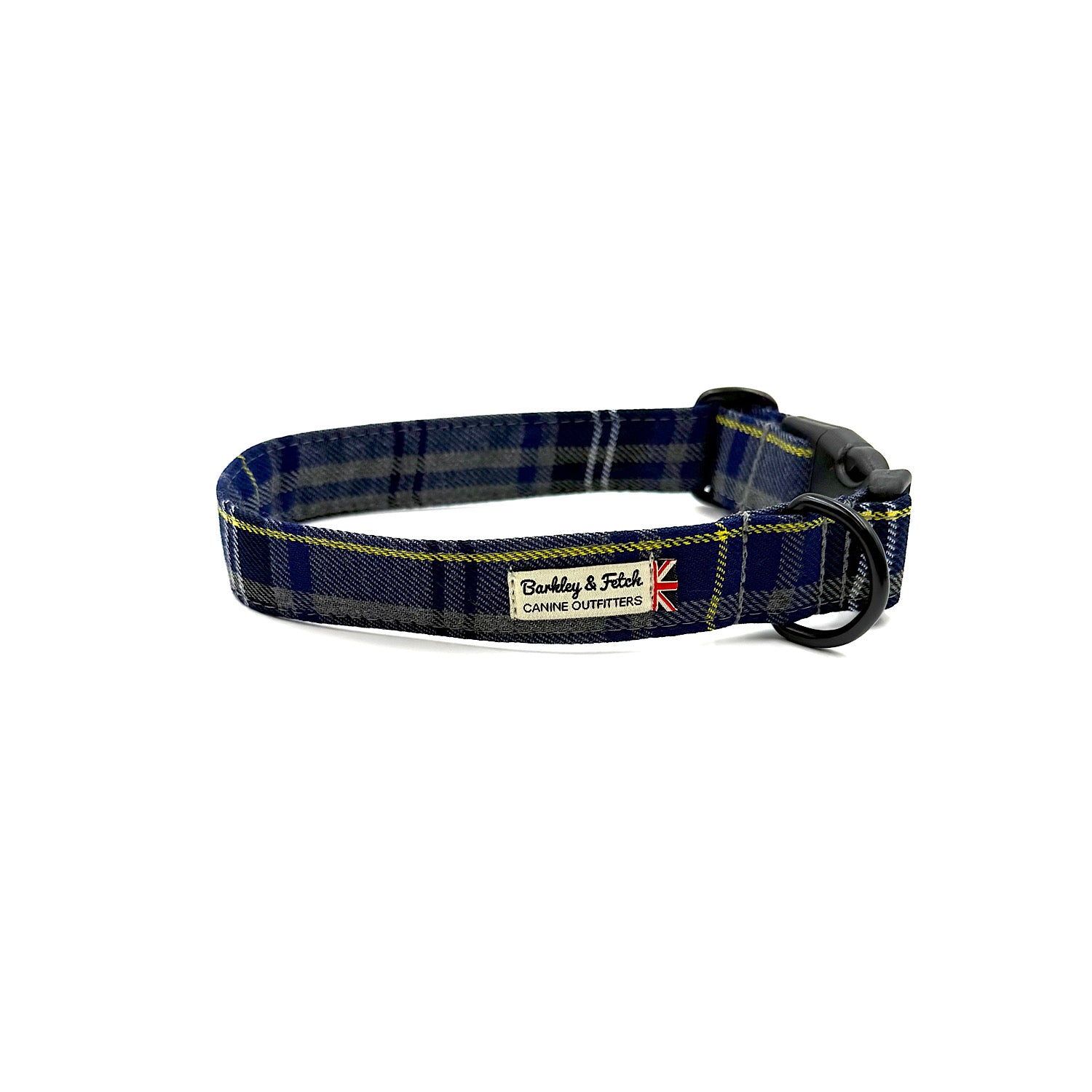 Navy plaid dog collar with a visible brand label on a white background
