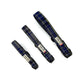 Three blue plaid dog collars with visible brand labels on a white background