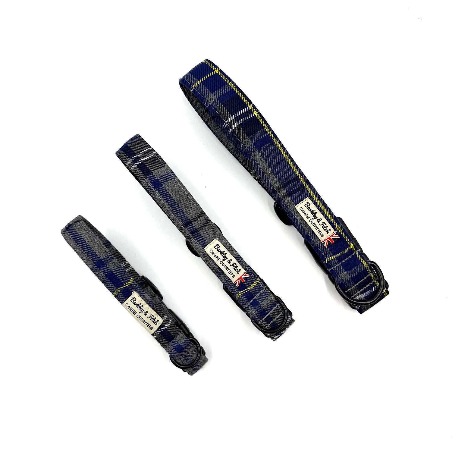 Three blue plaid dog collars with visible brand labels on a white background