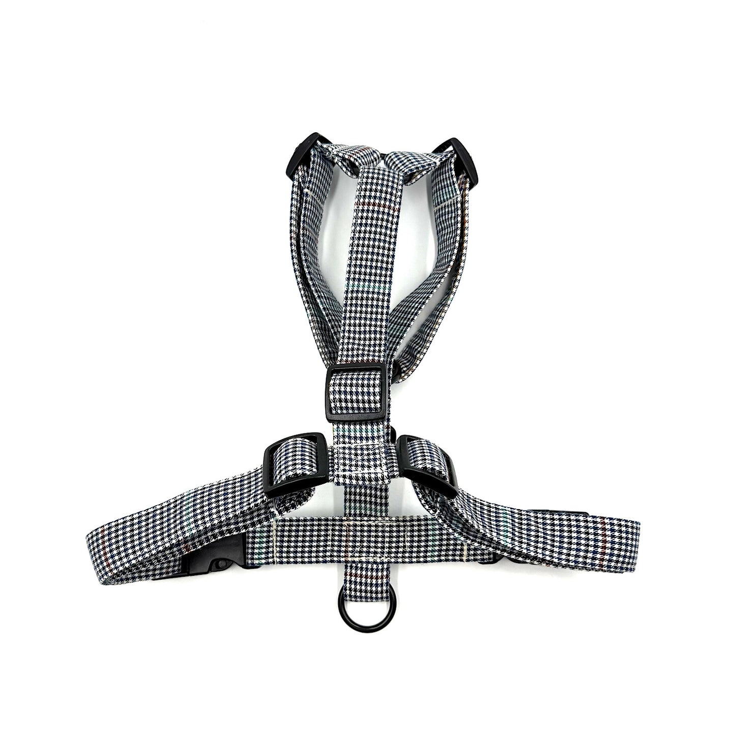 Black and white checkered dog harness on a white background handmade by Barkley and Fetch UK