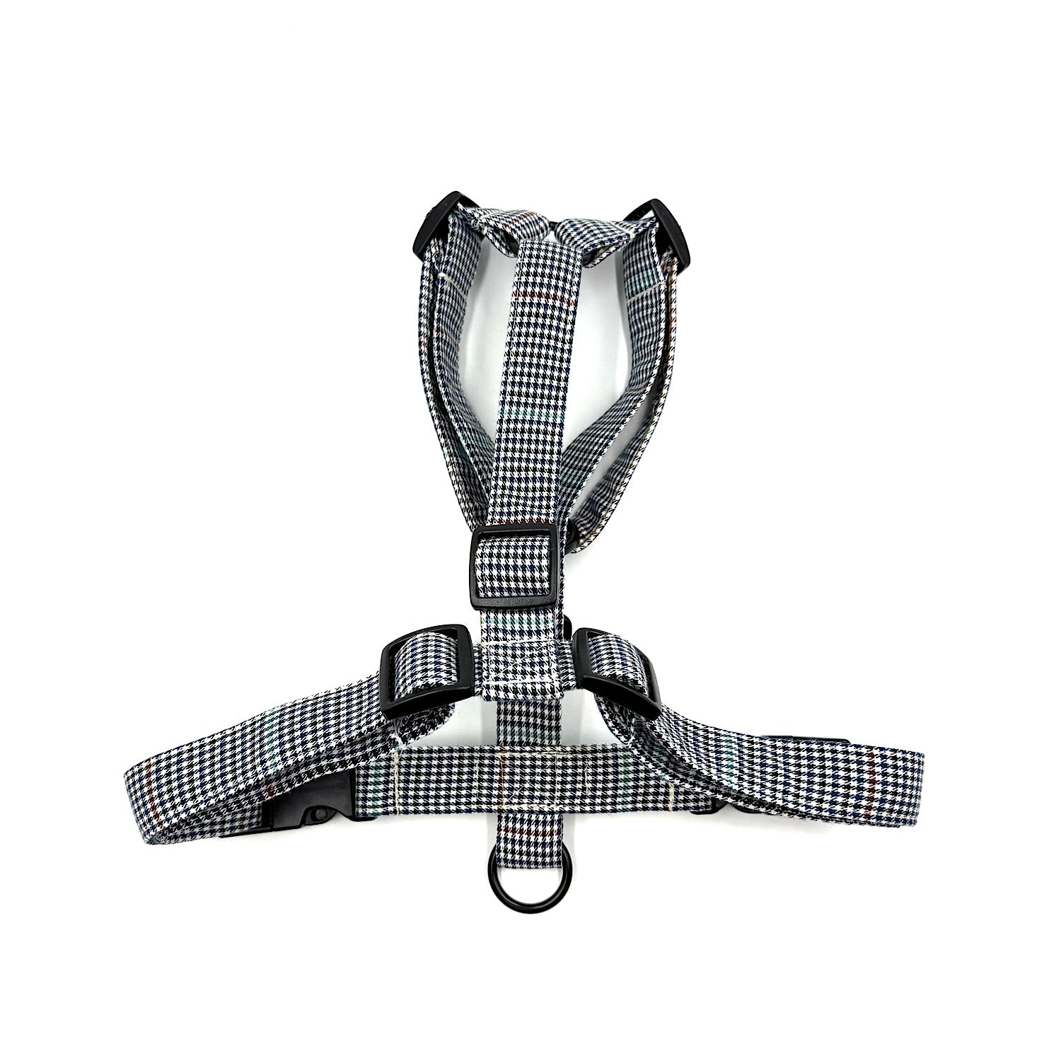 Black and white checkered dog harness on a white background handmade by Barkley and Fetch UK