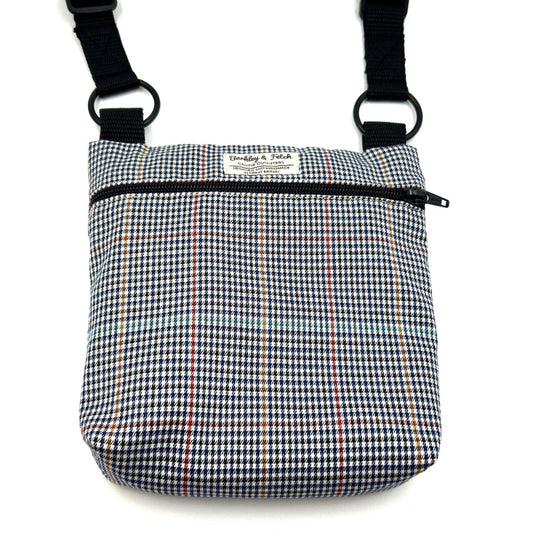 Houndstooth pattern bag with black straps on a white background. Handmade by Barkley and Fetch on our UK workshop