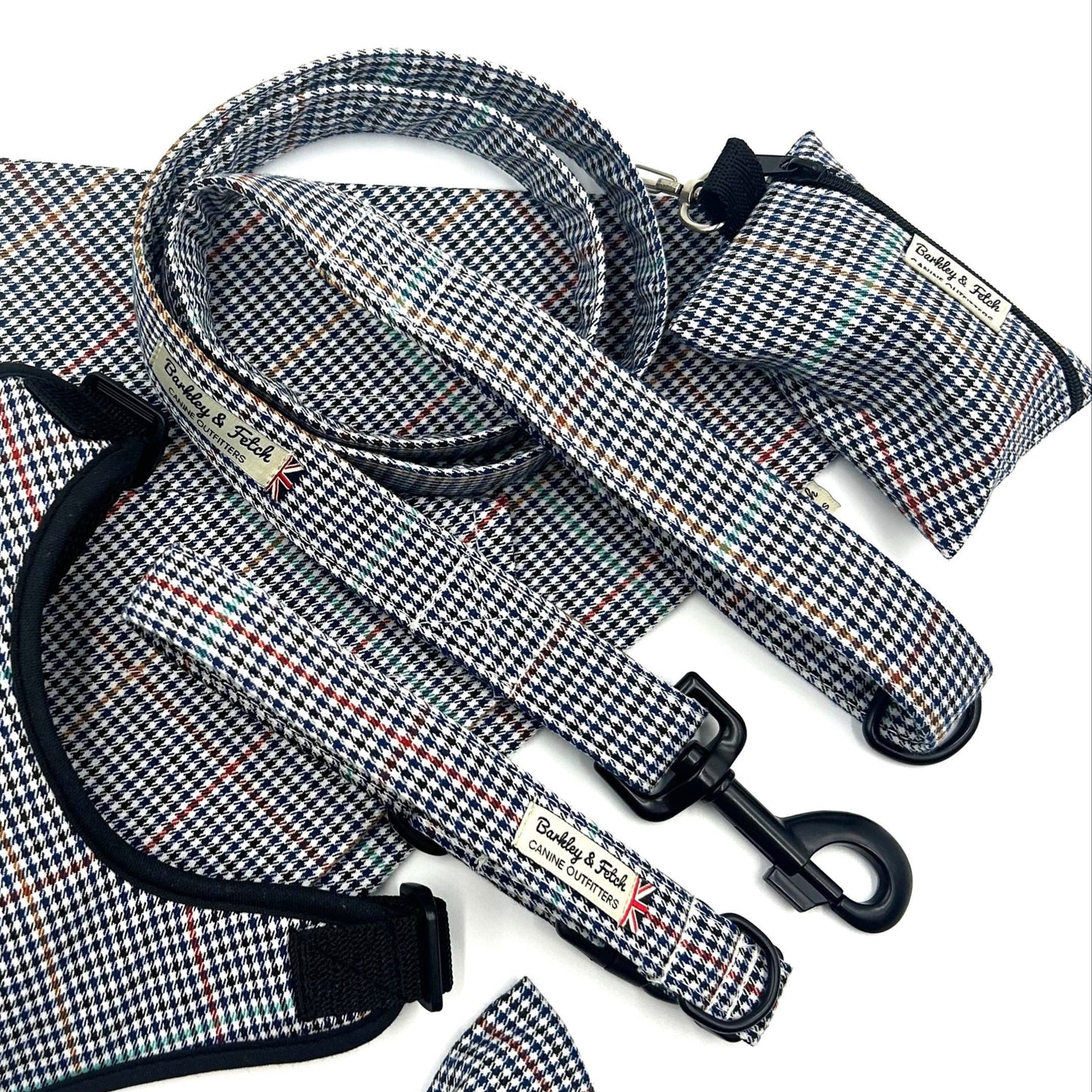 Dog leash and harness set with gingham pattern on a white background