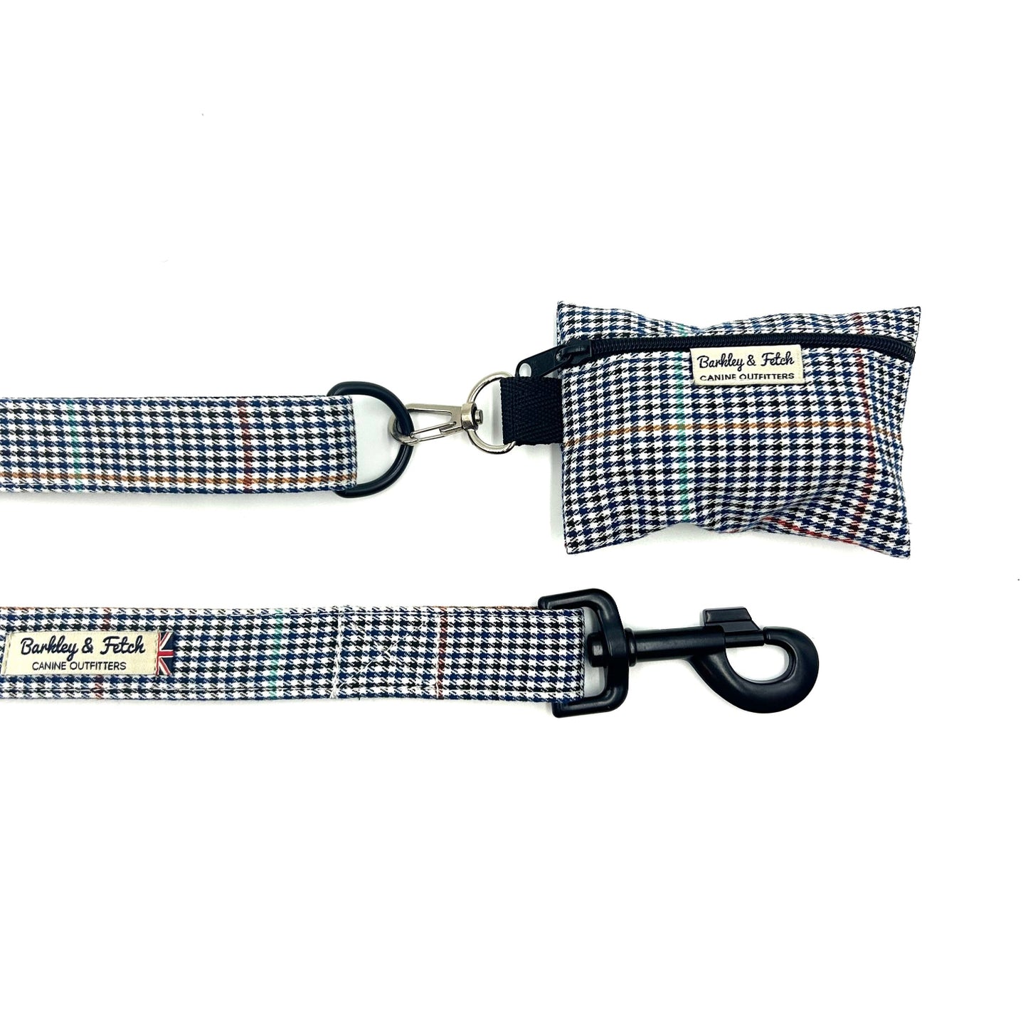 Dog leash and pouch with checkered pattern on a white background