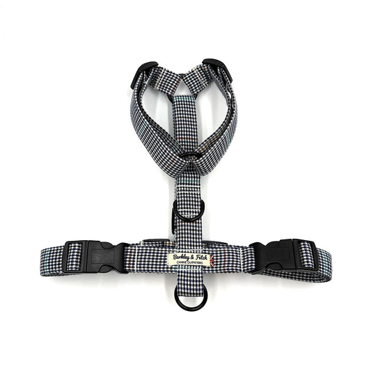 Black and white checkered dog harness on a white background handmade by Barkley and Fetch UK
