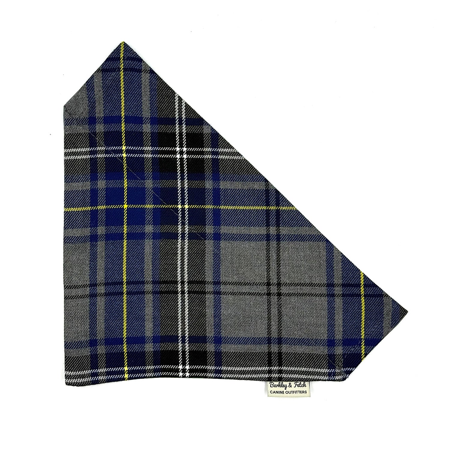 Plaid fabric with blue, gray, and yellow pattern on a white background