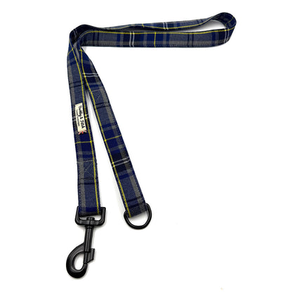 Plaid dog leash with black clip on a white background