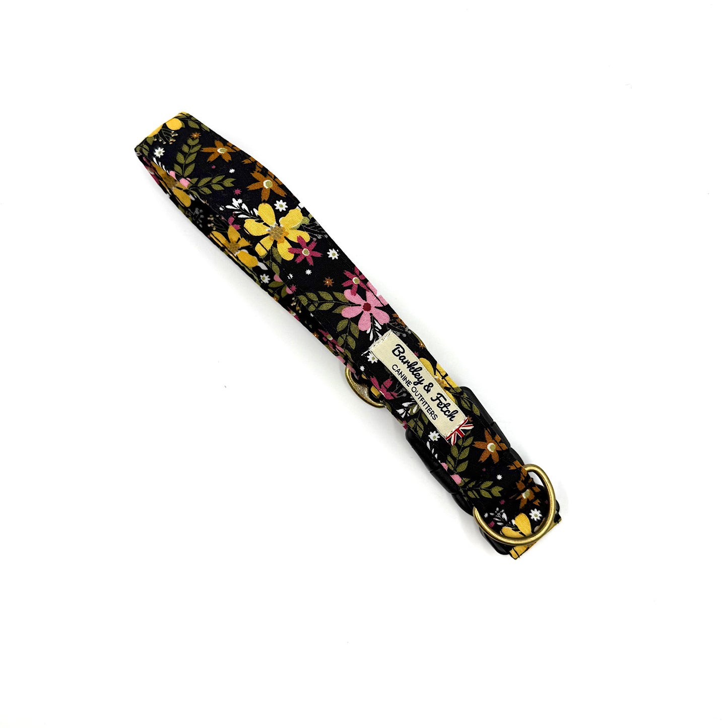 Floral-patterned dog collar with a brand label on a white background