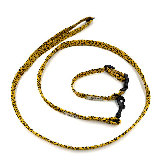 Yellow and black patterned dog leash on a white background