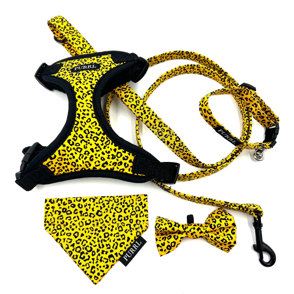 Animal print Cat accessories by PURRL on a white background, handmade by Barkley and Fetch