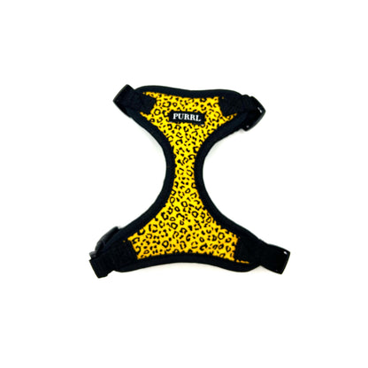 Yellow leopard print catt harness with black straps on a white background handmade by Barkley And Fetch