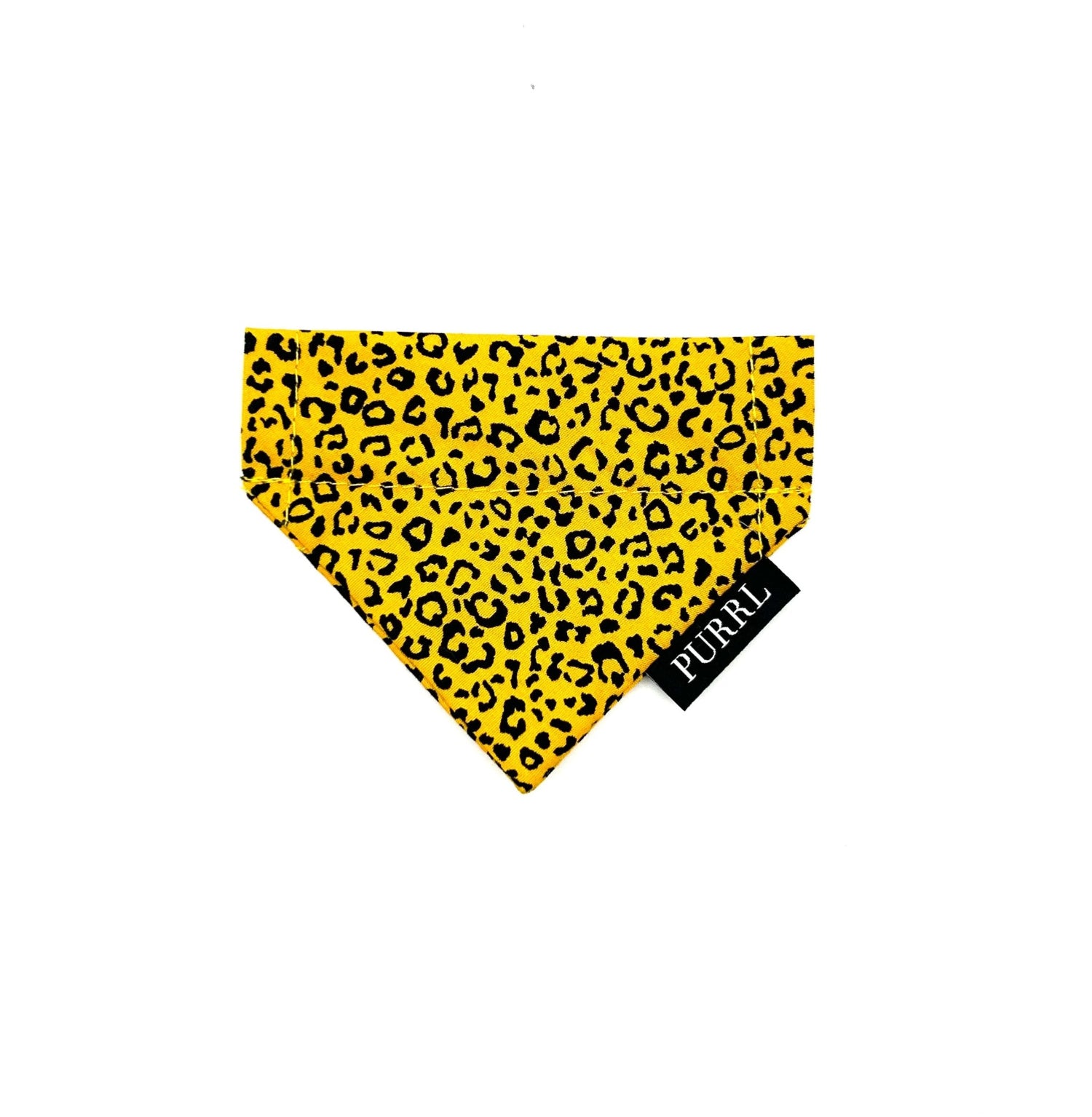 Yellow bandana with black leopard print and 'PURL' branding on a white background