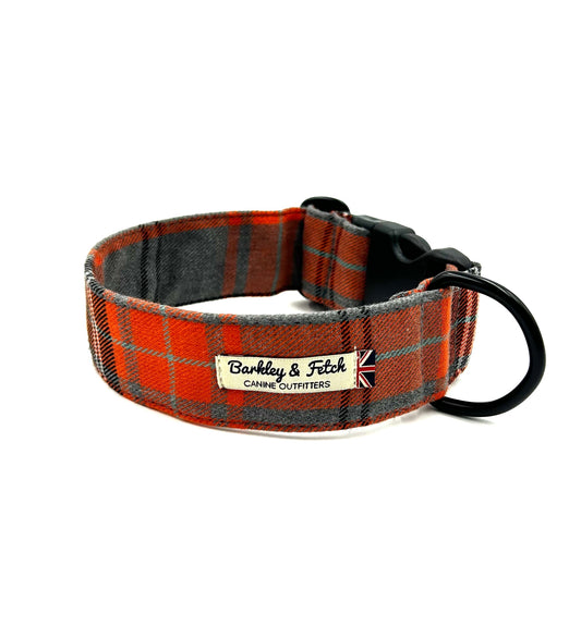 Orange and Grey Tartan Wide Dog Collar