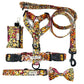 orange ditsy flat lay picture of a set of handmade dog accessories